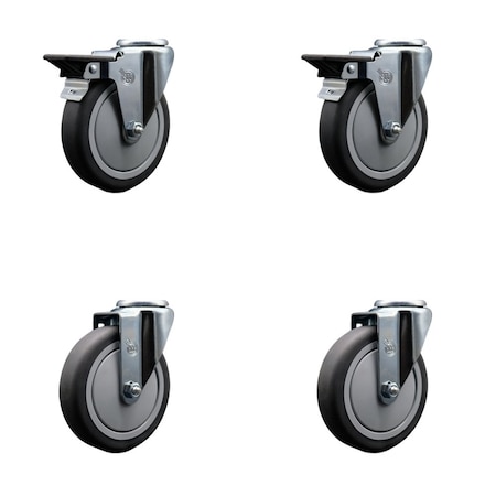 Service Caster 5'' Thermo Rubber Wheel Swivel Bolt Hole Caster Set with 2 Posi Lock Brakes, 4PK SCC-BH20S514-TPRB-PLB-2-S-2